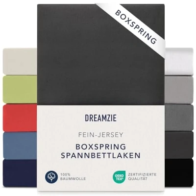 Abbildung von Dreamzie Premium Spannbettlaken 90x200 cm 100x200 37cm Seitenhöhe auch für Boxspringbett &amp; Wasserbett Bettlaken 100% Jersey Baumwolle, 150 g/m² Oeko TEX Schwarz