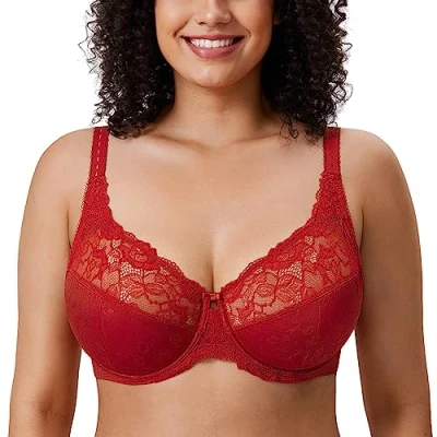 Abbildung von DELIMIRA Damen Minimizer BH ohne Einlagen mit Spitze Bügel Große Größen Dunkelrot 100C