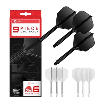 Abbildung von Target Darts K Flex Integrated Dart Flights and Shafts, Mittlerer Schaft (33 mm), Nr. 6 Flight, 9er Pack, Schwarz, Weiß und Transparent Kflex 2 In 1 Flight Schaft, professionelles Dartzubehör
