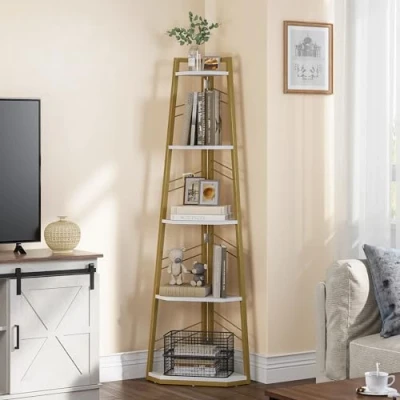 Abbildung von YITAHOME 5 stöckiges Eck Bücherregal, industrielles modernes freistehendes Leiter offenes Holzregal für Wohnzimmer, Diele, Home Office, Golden