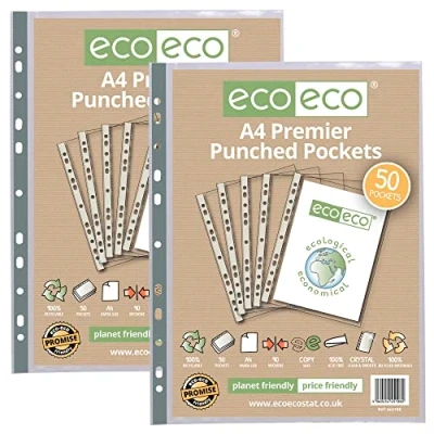 Abbildung von eco Eco108x2 Klarsichthüllen, A4, 100% recycelt, mehrfach gelocht, transparent, Poly Hülle, 90 Mikron, 100 Hüllen (2 Packungen mit je 50 Stück)