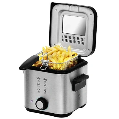 Abbildung von Cecotec CleanFry Infinity 1500 Fritteuse. 1,5 L Fassungsvermögen, Temperatur bis zu 190 ºC, 30 Min. Timer, antihaftbeschichter Innentopf, OilCleaner Filter, Schwarzes Finish, 900 W.