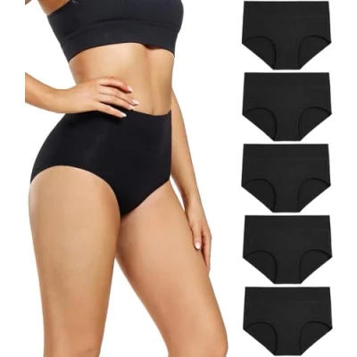 Abbildung von wirarpa Damen Unterhosen Baumwolle Slips Hoher Taille Atmungsaktive Taillenslip Wochenbett Unterwäsche Mehrpack Größen 32 58, Schwarz 5er Pack, X Large (46/48)