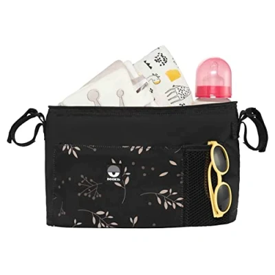 Abbildung von Dooky Kinderwagen Organizer Deluxe Romantic Leaves Black Perfekt für Unterwegs Kinderwagentasche Baby Zubehör Wickeltasche Wasserabweisendes Polyester Schwarz