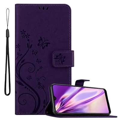 Abbildung von Cadorabo Hülle kompatibel mit Samsung Galaxy A10 / M10 Blumen Design aus Kunst Leder Flip Klappbare Magnetische [Standfunktion] [Kartenfächern] Cover für Tasche in Lila