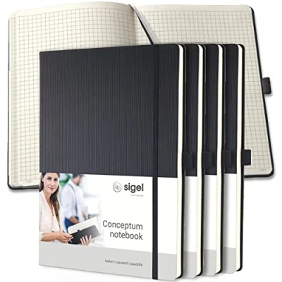 Abbildung von SIGEL CO111/5 Premium Notizbuch kariert, A4, Hardcover, 194 nummerierte Seiten, schwarz, 5er Pack, mit Inhaltsverzeichnis, Stiftschlaufe, Falttasche, Gummibandverschluss, Conceptum