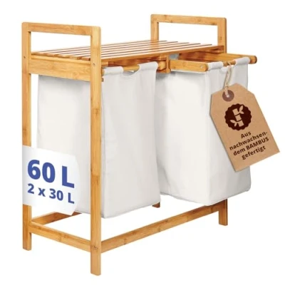 Abbildung von Lumaland Wäschekorb Bambus mit 2 ausziehbaren Wäschesäcken Pflegeleichtes Material, unempfindlich gegen Nässe und leicht abwischbar Höhe ca. 73cm x 64cm Breite 33cm Tiefe [Weiss]