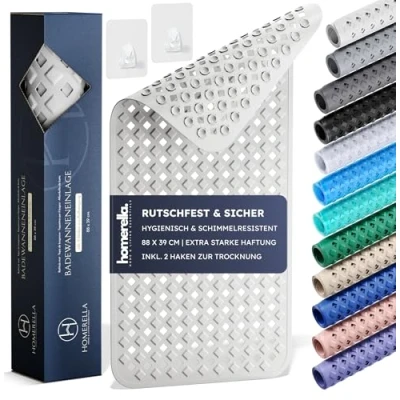 Abbildung von Badematte rutschfest Hautsensitiv 88x39cm, INKL. AUFHÄNGUNG Homerella, Antirutschmatte Badewanne BPA frei, Duschmatte schimmelresistent &amp; maschinenwaschbar