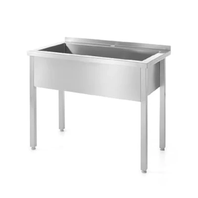 Abbildung von HENDI Einzelspültisch, geschweißt, Verstellbare Füße, Beckengröße: 886x443x(H)300mm, Abfluss: ø50mm, Öffnung für Wasserhähnen: ø30mm, Aufkantung: 40mm, 1000x600x(H)850mm, Edelstahl