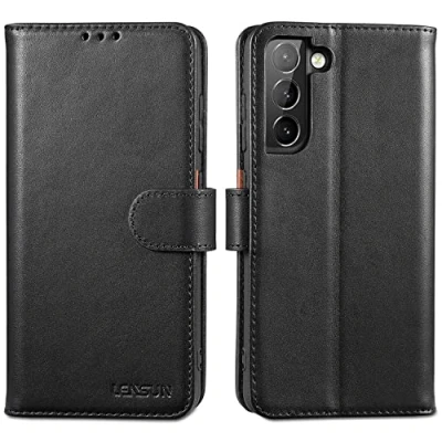 Abbildung von LENSUN Echtleder Hülle für Samsung Galaxy S21 FE, Handyhülle [Echtes Leder] [Magnetverschluss] [RFID Schutz] Handytasche Lederhülle FE 5G Schwarz