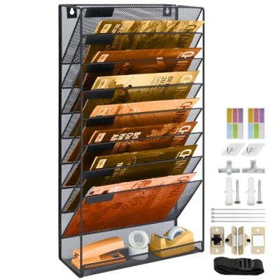 Abbildung von Hängeorganizer Wandablagefächer 9 Stöckiger Wandmontage Schreibtisch Organizer, A4 Zeitschriftenhalter Wand für Zeitschriften, Hängende Wandordner Dokumente Metall Büro Dokument Organizer Zuhause