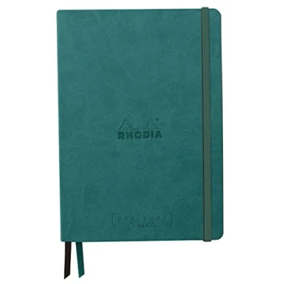 Abbildung von Clairefontaine Rhodia 194447C Rhodiarama Goalbook Creation DIN A5 mit festem Umschlag, 80 Blatt glattes, schwarzes Mayapapier punktkariert/dot 120g, Gummizugverschluss, 1 Stück, Pfaugrün