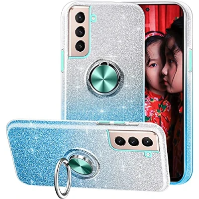 Abbildung von iBEX Kompatibel Mit Samsung Galaxy S21 fe Hülle,3 In 1Glitzer Diamant Silikon Cover Handyhülle,360 Verdrehbare Ring Für Magnetischen Autohalterungen,Geeignet Hülle Blau