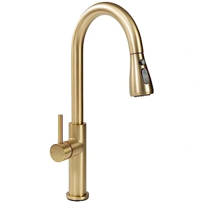 Abbildung von wohnwerk.idee Küchenarmatur Wasserhahn Küche ausziehbar Gold Matt Gebürstet Schwarz Chrom Nest