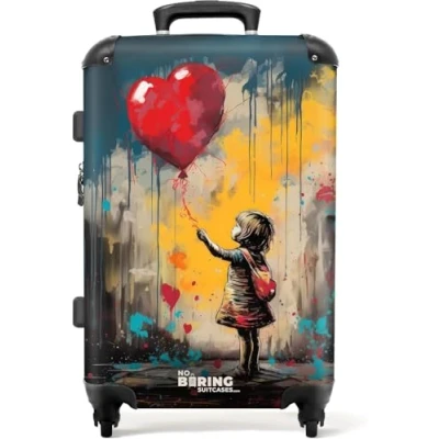 Abbildung von NoBoringSuitcases.com© Hartschalen Trolley Mädchen mit Luftballon im Graffiti Stil 67x43x25cm, 4 Rollen, Koffer Mittelgroß, Suitcase für Erwachsene