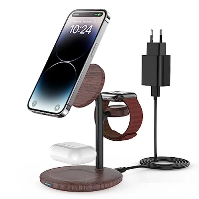 Abbildung von 3 in 1 kabellose Ladestation,Magsafe Ladestation,Wireless Charger Station Kabellos Ladestation Apple Watch und iPhone mit Mag Safe Kompatibel für 15 14 13,iWatch Ultra 2/1,AirPods