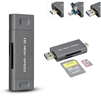 Abbildung von JJC Metall SD Kartenleser, USB 3.1, Micro 2.0, Typ C einfacher OTG Adapter für UHS II I SDHC SDXC Speicherkarten (grau)