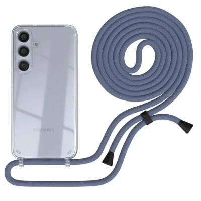 Abbildung von EAZY CASE Handykette kompatibel mit Galaxy S25 Handyhülle Umhängeband, Handykordel Schutzhülle, Silikonhülle, Hülle Band, Stylische Kette Smartphone, Stahlblau Clips Schwarz
