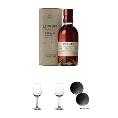 Abbildung von Aberlour a Bunadh Single Malt Whisky 0,7 Liter + 2 Bugatti Nosing Gläser Schiefer Glasuntersetzer RUND ca. 9,5 cm Durchmesser