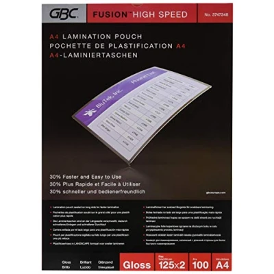 Abbildung von GBC HighSpeed Laminierfolien A4 125 mic, Für bis zu 30 % schnelleres Laminieren, Robuste Laminiertaschen im 100er Pack, Glänzend, Transparent, 3747348