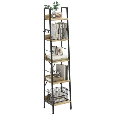 Abbildung von YITAHOME Bücherregal mit 5 Ebenen, industrielles Leiterregal, freistehendes Bücherregal, Holzregale und Metallrahmen, modernes Regal für Wohnzimmer, Flur, Büro, Eichenfarbe
