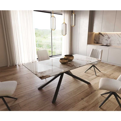 Abbildung von Esstisch Edge 200x100 Keramik Minas Melange Weiß Beige Kreuzgestell Rechteck Schwarz