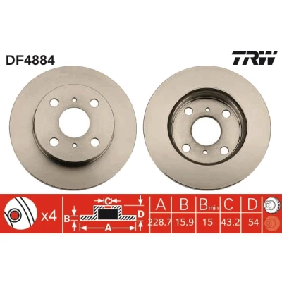 Abbildung von TRW DF4884 Bremsscheibe 229 16 4 100 Belüftet lackiert TOYOTA: Starlet IV Schrägheck