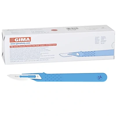 Abbildung von Gima Sterile Skalpelle aus rostfreiem Edelstahl, Handgriff ABS, zum Einmalgebrauch, Standard, Nr. 24, 10 einzeln verpackte Skalpelle.