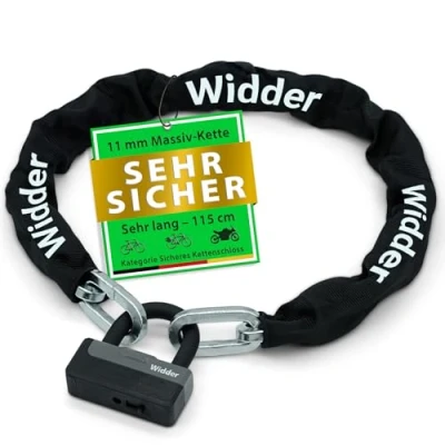 Abbildung von Widder Kettenschloss Motorrad [Titan Stahl Level 15] sicheres Motorradschloss [4 Schlüssel], 115cm lang 11mm Massiv Moped E Bike Fahrrad Scooter