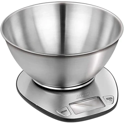 Abbildung von MPM MWK 05M Digitale Küchenwaage mit Abnehmbarer Schale Edelstahl, LCD Display, Hochpräzise Waage großer Wiegefläche, Wiegt Lebensmittel bis zu 5 Kg, Schritte 1g, Tara Funktion gr ml Oz Lb