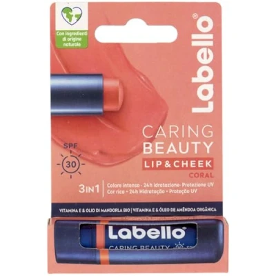 Abbildung von Labello Caring Beauty Lip &amp; Cheek Coral 4.8g Lippenpflegestift und Wangen mit einer Note von Koralle, getönter Lippenbalsam Blush Stick 2 in 1, Balm
