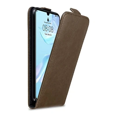 Abbildung von Cadorabo Hülle kompatibel mit Huawei P30 Flip Design aus Premium Kunst Leder Klappbare Stoßfeste Magnetische Cover für Tasche in Braun
