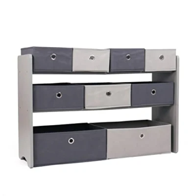 Abbildung von Humble Crew WO487 Kinderregal Spielzeugregal Organizer aus Holz mit 9 Stoffbehältern, Grau
