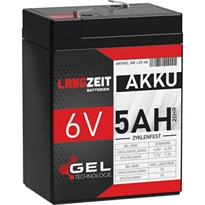 Abbildung von LANGZEIT 6V Akku 5Ah GEL Profi Blei für Kinderauto Elektroauto USV UPS extrem zyklenfest vorgeladen auslaufsicher ersetzt 4Ah 4,5Ah