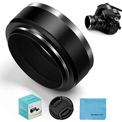 Abbildung von Fotover 58mm Einzigartig Schraube Berg Metall Standard Gegenlichtblende mit Center Pinch Objektivdeckel für Canon Nikon Sony Pentax Olympus Fuji Sumsung Leica Kamera + Reinigungstuch