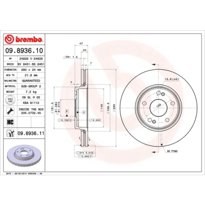 Abbildung von BREMBO COATED DISC LINE 09.8936.11 Bremsscheibe 280 24 5 innenbelüftet beschichtet mit Schrauben RENAULT: LAGUNA 2, 2 Grandtour