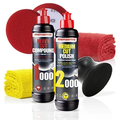 Abbildung von detailmate Menzerna Handpolitur Heavy Cut &amp; Anti Hologramm Set: Menzerna: HCC 1000 + Medium Polish 2000 Hand Polier Applikator für 95mm Pads Pad 2 Mikrofasertücher