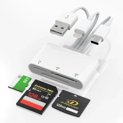 Abbildung von TF SD XD Kartenleser für iPhone, 3 in 1 TF/XD/SD Speicherkartenleser Kartenlesegerät iPhone 16 15 iPad Computer mit USB C Lightning OTG Reader Adapter, Micro SD/TF/SD/SDHC/SDXC/MMC/XD Karten