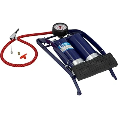 Abbildung von cartrend Einzylinder Fußluftpumpe, für Auto und Fahrradreifen sowie andere Objekte, inkl. Standard Spezialadapter, Manometer bis 7 bar, 0,4 l Volumen je Hub, Schlauchlänge ca. 50 cm
