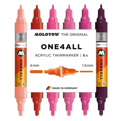 Abbildung von Molotow One4All Acrylic Twin Marker Pink Set (1,5 und 4,0 mm Strichstärke, hochdeckend permanent, schnell trocknend, nachfüllbar, für fast alle Untergründe) 6 Stück sortiert