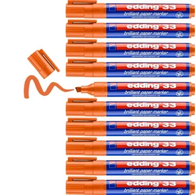 Abbildung von edding 33 Brillant Papiermarker orange 10 Permanent Marker Wasserfest Keilspitze 1 5 mm Leuchtende Farben Lichtbeständige Markierung auf Papier, Karton, Kunststoff, Metall Oder Glas
