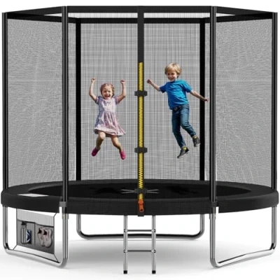Abbildung von Devoko Trampolin Outdoor Ø 183/228/305/366/427 cm Indoor Kinder Gartentrampoline, Komplettset mit Schuhnetz, Leiter, Randabdeckung, Sicherheitsnetz, Belastbarkeit 50 kg (Schwarz)