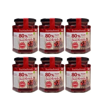 Abbildung von Fruchtaufstrich Sauerkirsche ohne Zuckerzusatz mind. 80% Fruchtanteil gesüßt mit Erythrit und Stevia (260g) (6x260g)