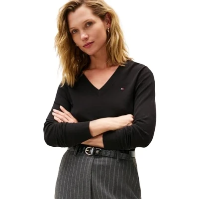 Abbildung von Tommy Hilfiger Damen Pullover Jersey V Neck Strickpullover, Schwarz (Black), L