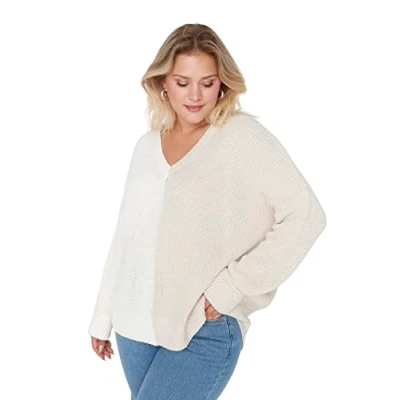 Abbildung von Trendyol Damen V Ausschnitt Colorblock Regular Plus Size Sweater Sweatshirt, beige, XL
