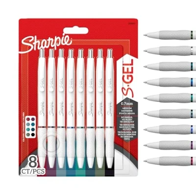Abbildung von SHARPIE S Gel Gelstifte zum Schreiben Mittlere Spitze (0,7mm) Verschiedene Tintenfarben Weißes Perlmuttgehäuse 8er Pack