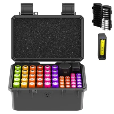 Abbildung von KIWIFOTOS AAA AA Batterie Organizer Aufbewahrungskoffer Batteriehalter mit Batterieprüfer IP67 Wasserabweisender Hartschalen Batterien hält 30 &amp; 18 10 Knopfzellenbatterien