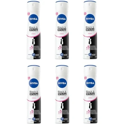 Abbildung von Nivea Deo Spray Black &amp; White Invisible Clear 72h Schutz 6 x 150 ml, Packung, tlg., 72 Stunden effektiver Anti Transpirant und Pflege