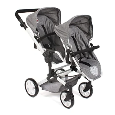 Abbildung von CHIC2000 Puppen Zwillingsbuggy Linus Duo, Jeans Grey, mit zwei abnehmbaren, bis in Liegeposition verstellbaren Sportsitzen