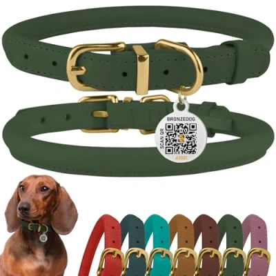 Abbildung von BRONZEDOG Hundehalsband aus gerolltem Leder mit QR ID Tag, verstellbar, weiche runde Halsbänder für kleine, mittelgroße und große Hunde, Welpen, Katzen (Smaragdgrün, 35 41 cm)